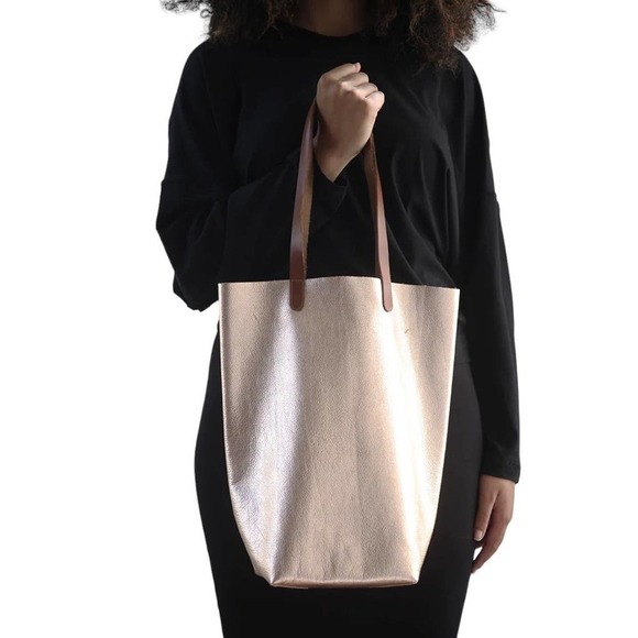 Basil Racuk Handbags - Basil Racuk Rose Gold Metallic Leather Paper Bag Tote Everyday